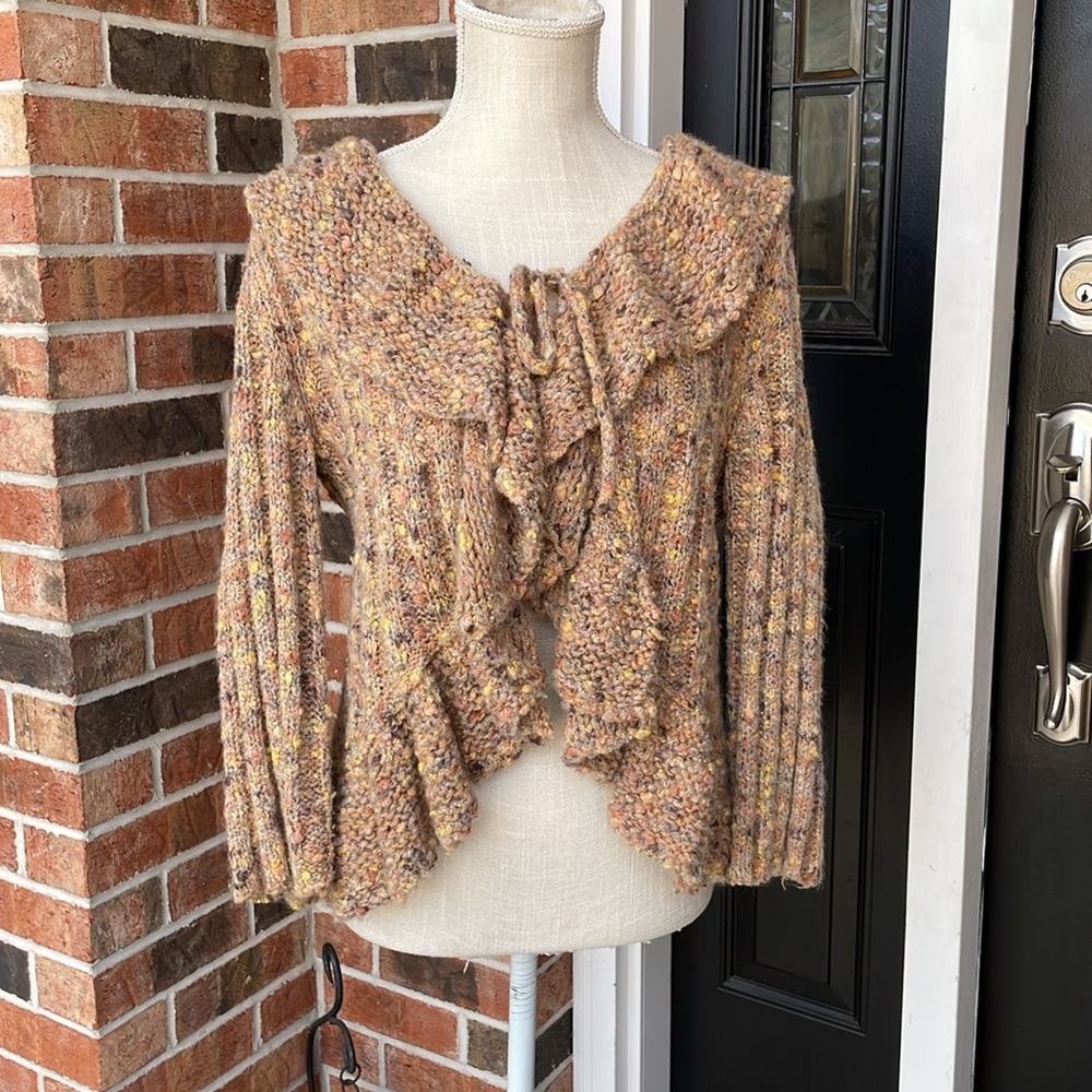 Ruby Rd. Boho Multicolor Wool Blend Knit Ruffle‎ Cropped Cardigan Sweater